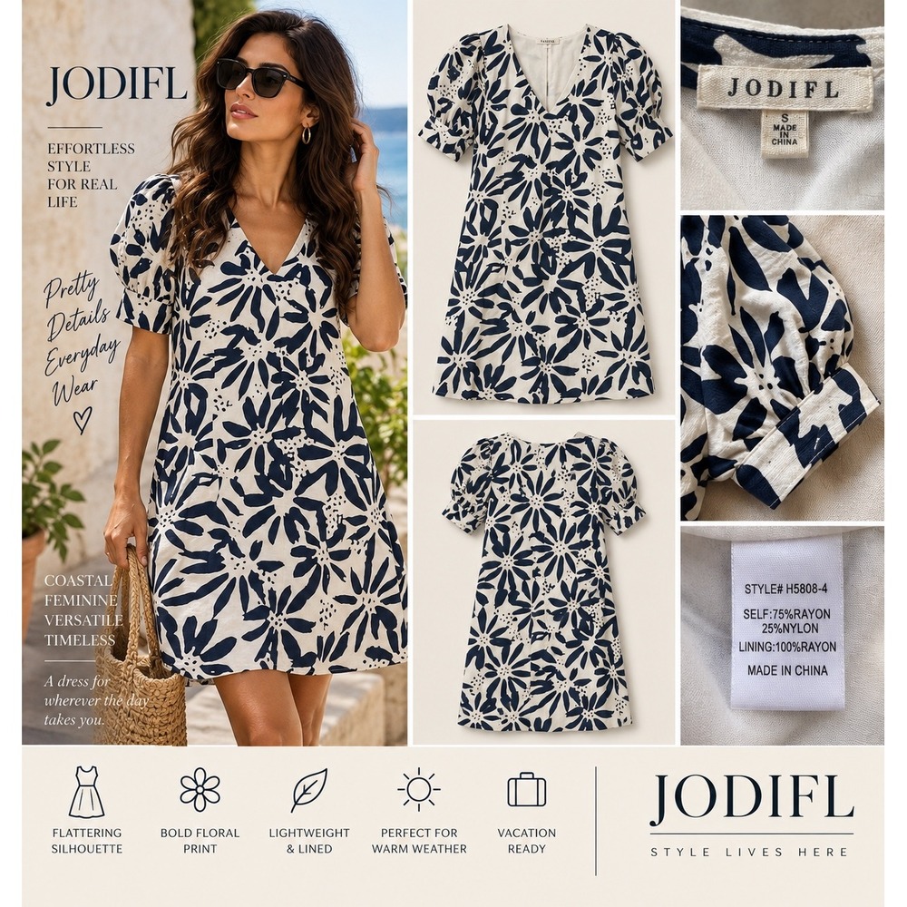 JODIFL Dress Womens S Navy Ivory Floral Puff Sleeve V Neck Lined Shift H5808-4